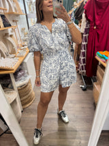 Blue Leaves Cinched Waist Romper