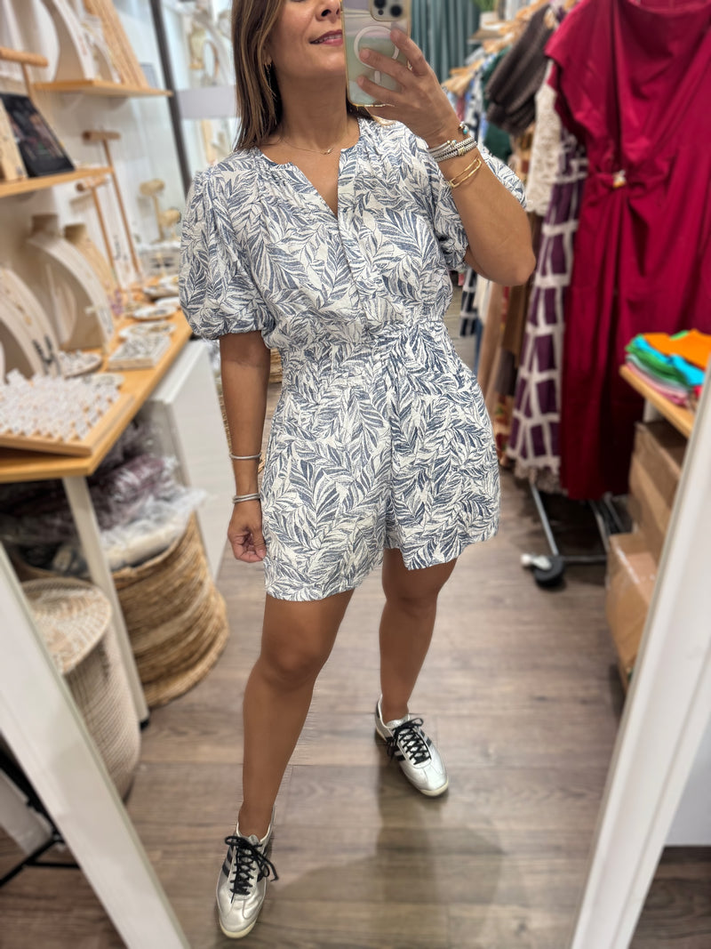 Blue Leaves Cinched Waist Romper
