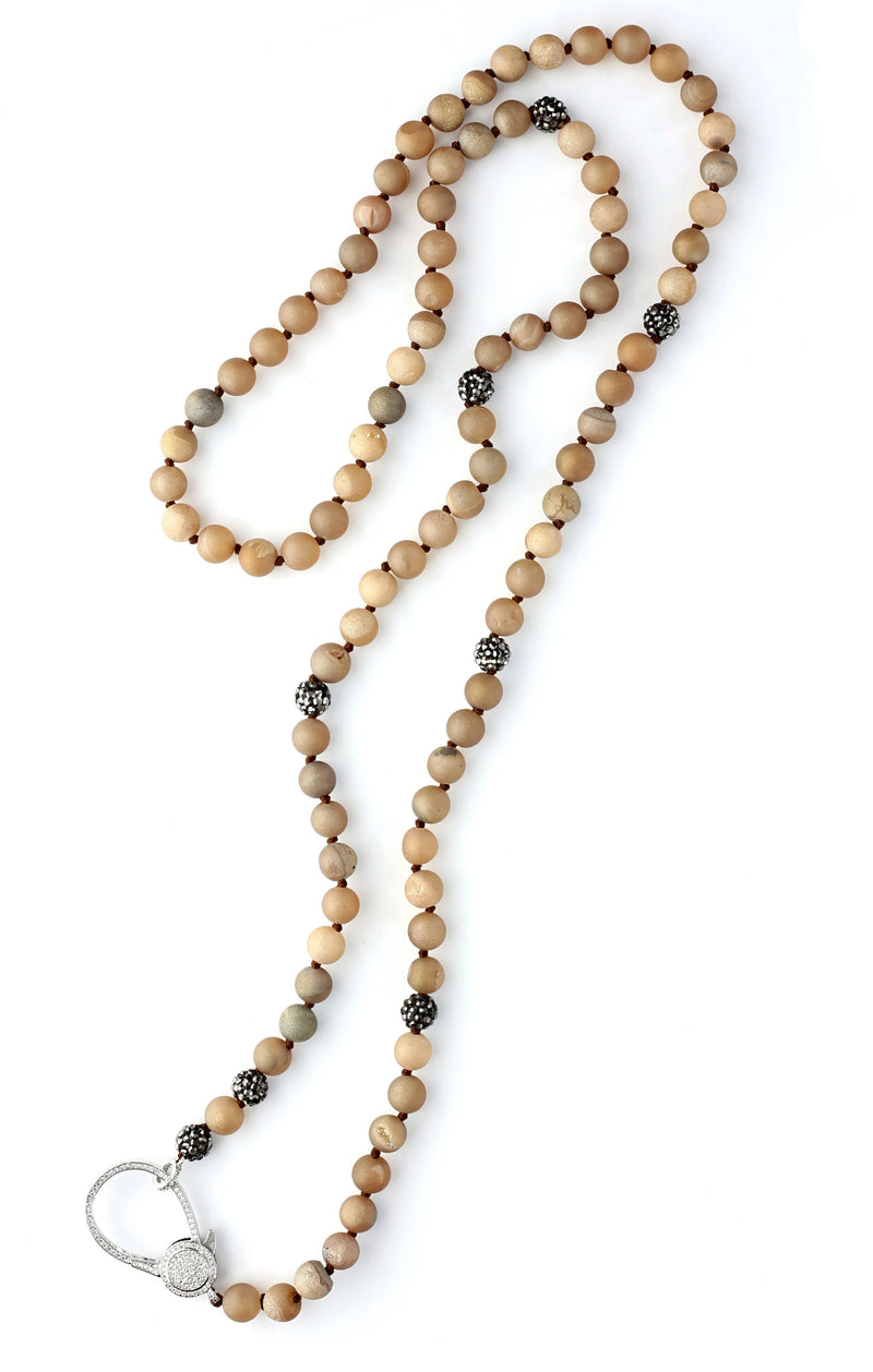 Golden Amber Druzy Beaded Necklace w/Pavè Clasp & Hematite Beads (CO)