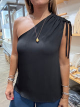 Black One Shoulder Drawstring Top