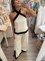 Beige & Black Halter Top & Pants Set