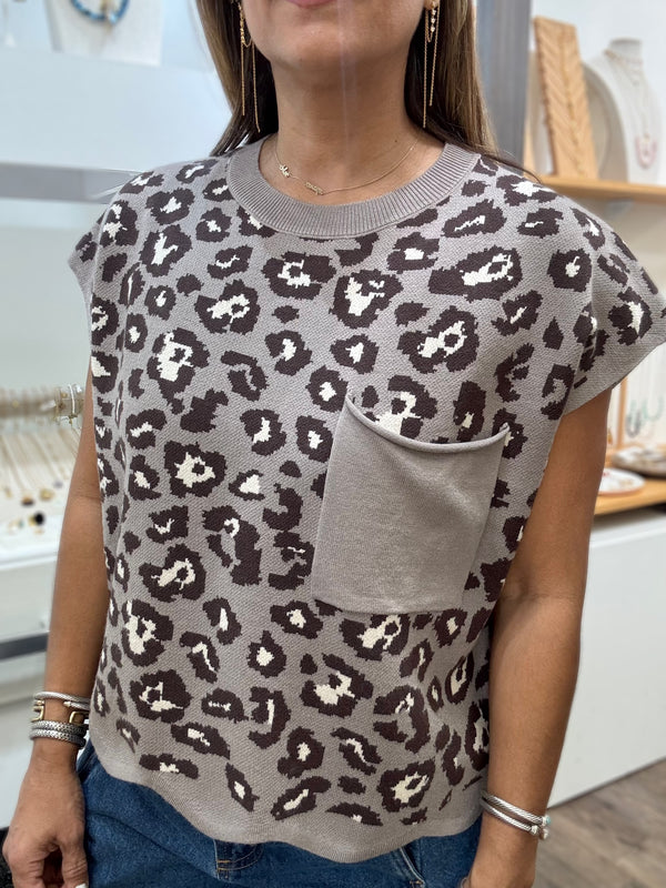 Grey Leopard Print Front Pocket Top
