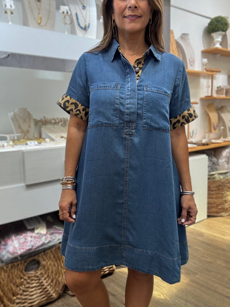 Denim & Leopard Detail Dress