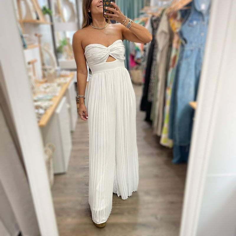White Strapless Pleated Jumpsuit