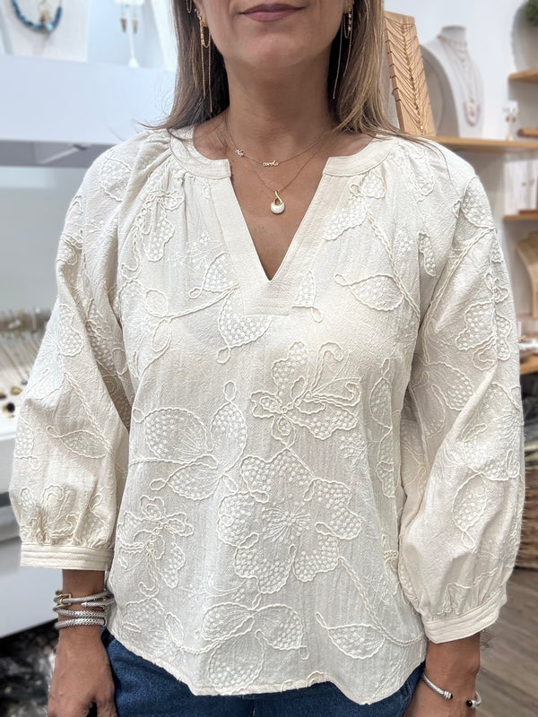 Almond Embroidered V-Neck Top