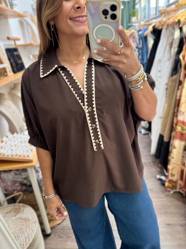 Mocha Embroidered Detail Collared Top