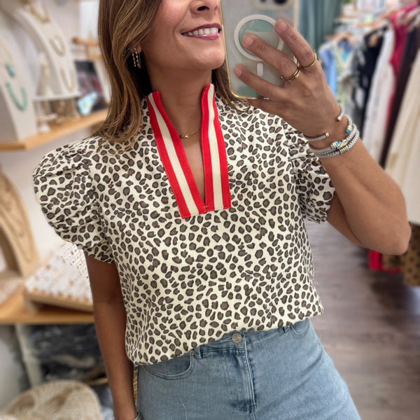 Red Neck Detail Leopard Print Top
