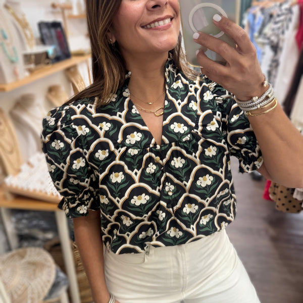 Black Print V-Neck Top