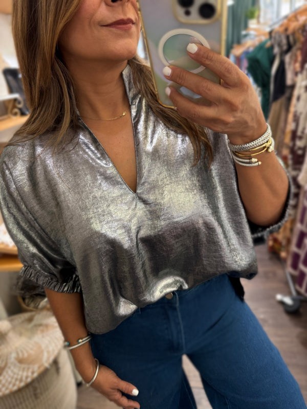 Silver Metallic Dolman Sleeves Top