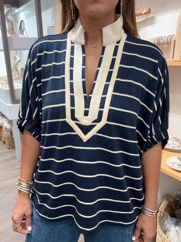 Navy & Ivory Stripes Top