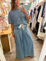 Denim Hi-Lo Top & Drawstring Pants