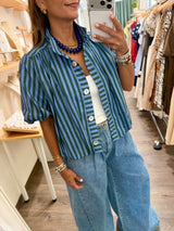 Blue & Green Elastic Hem Cardigan/Top