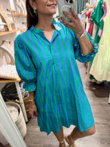 Green & Blue Stripes Back Detail Dress