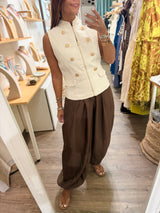 Ivory Front Zipper Military Top