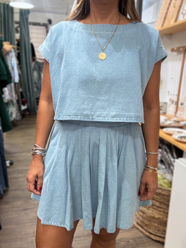 Light Denim Top & Skirt Set