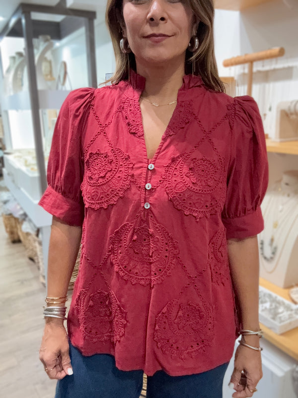 Burgundy Embroidered Top