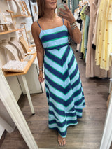 Blue & Green Asymmetrical Stripes Dress