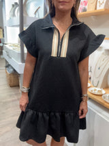 Black Textured Drop Waist Dress