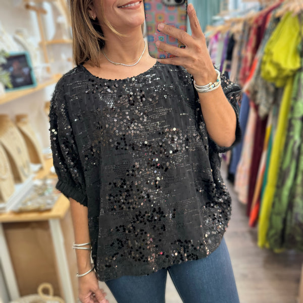 Black Sequin Dolman Sleeve Top