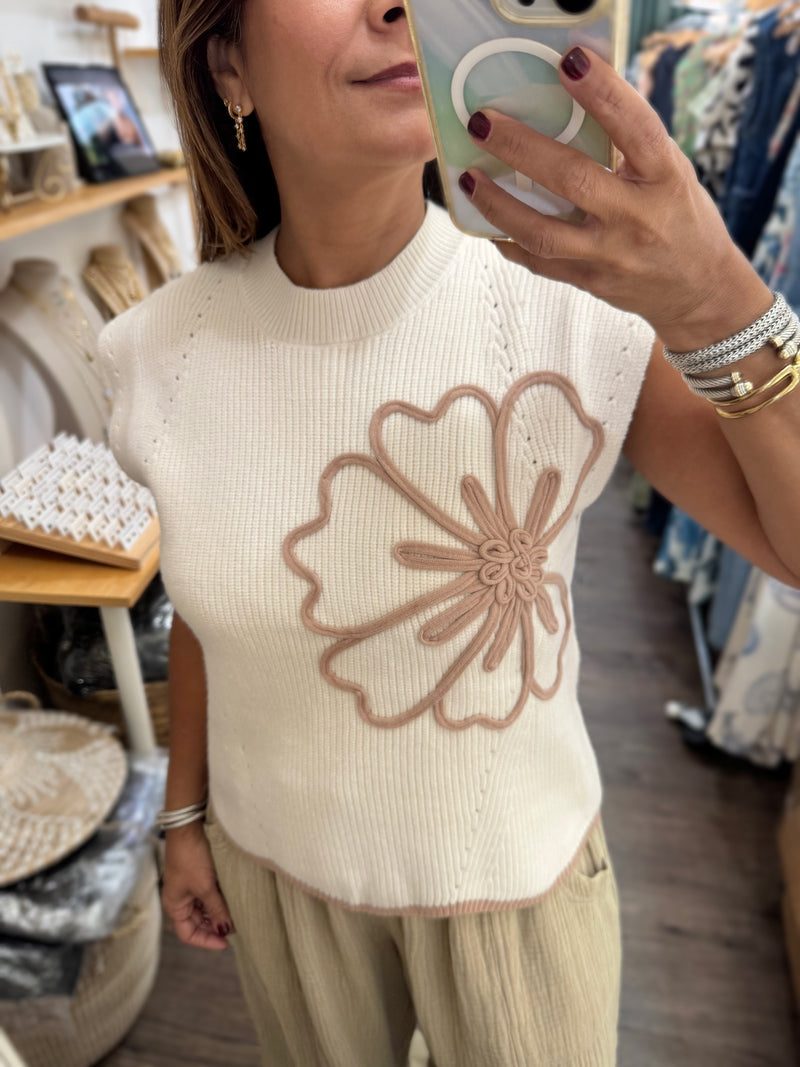 Ivory Knitted Flower Detail Top