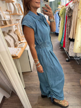 Denim Smocked Waist Jumpsuit