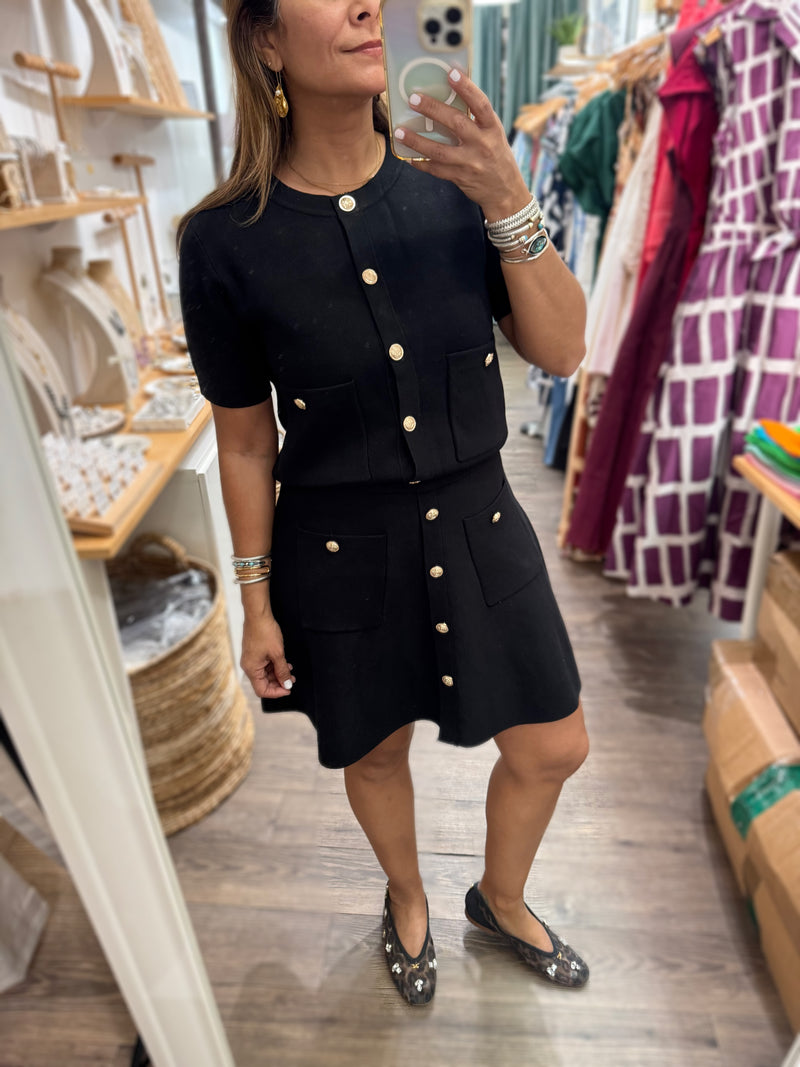 Black Gold Buttons Top & Skirt Set