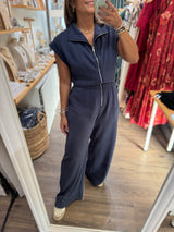 Navy Front Zipper Jumpsuit