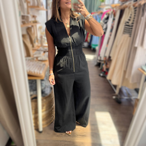 Black Smocked Waist Jumpsuit