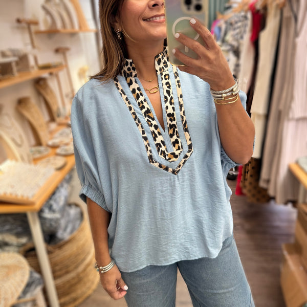 Light Blue Leopard Print Neck Top