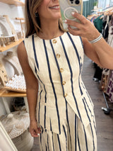 Ivory & Navy Stripes Vest & Pant Set