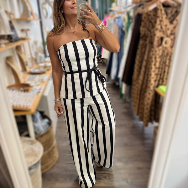 Black & White Stripes Strapless Top & Pant Set