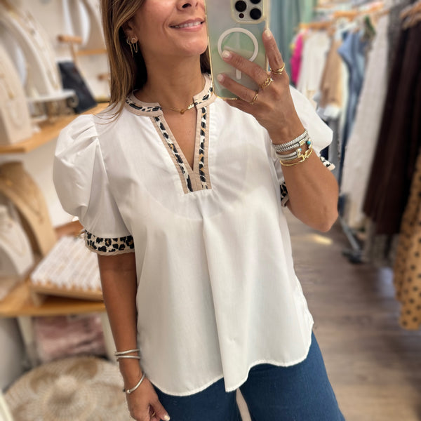 Animal Print Trim Detail Top