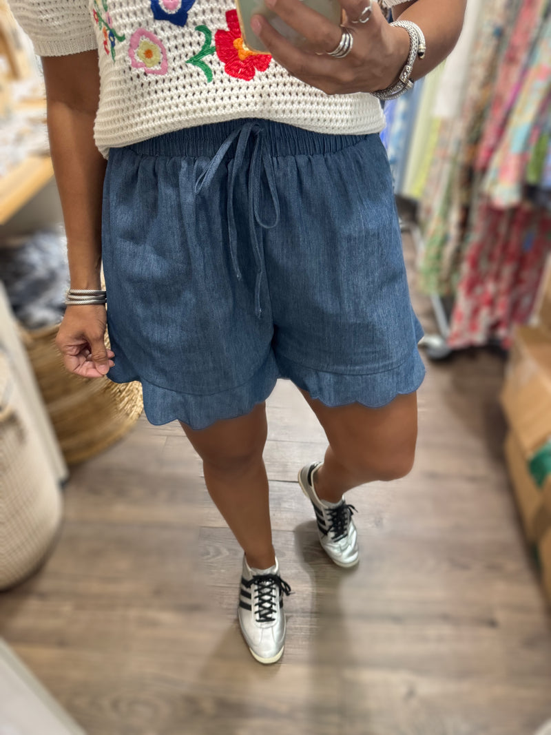 Denim Scalloped Hem Shorts