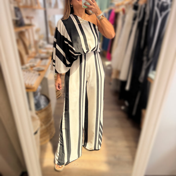 Black Stripes One Shoulder Jumpsuit