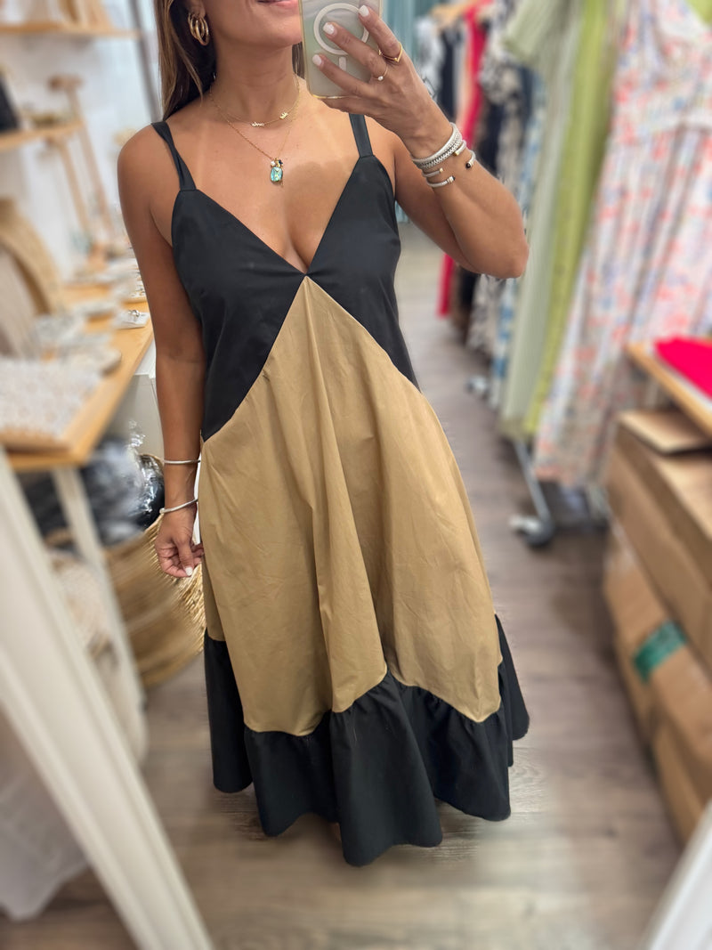Taupe & Black Contrast Maxi Dress