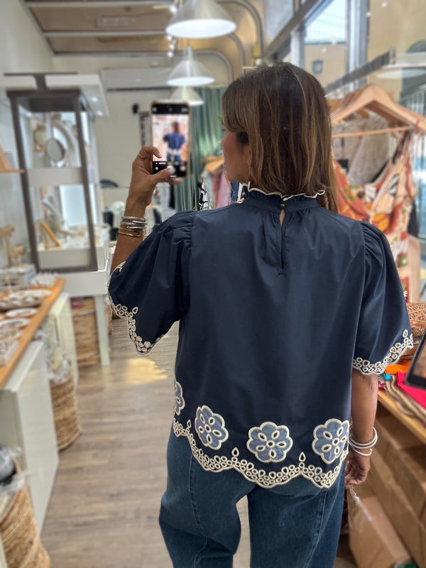 Navy Embroidered Scalloped Hem Top