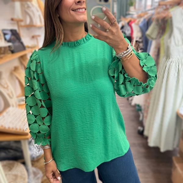 Green Lace Sleeves Top