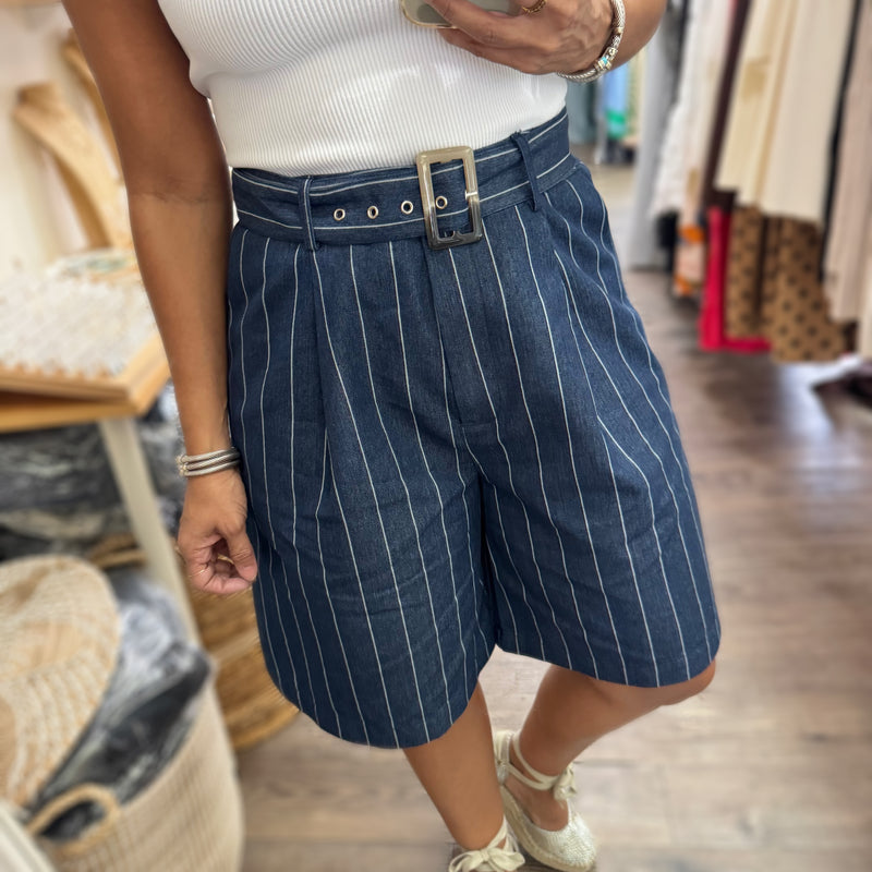 Indigo Denim Striped Top & Shorts Set