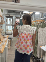 Colorful Print & Eyelet Top
