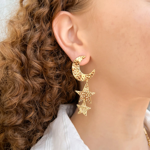 Moon & Stars Hammered Earrings (C)