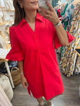 Red Flutter Sleeves Dress