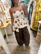 Brown Circles Pleated Strapless Top