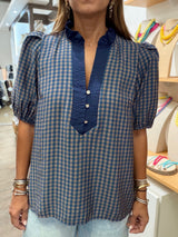 Navy Gingham Print Top
