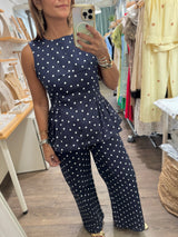Navy Polka Dots Top & Pants Set
