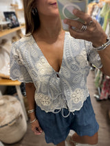 Blue Stripes & Crochet Contrast Top