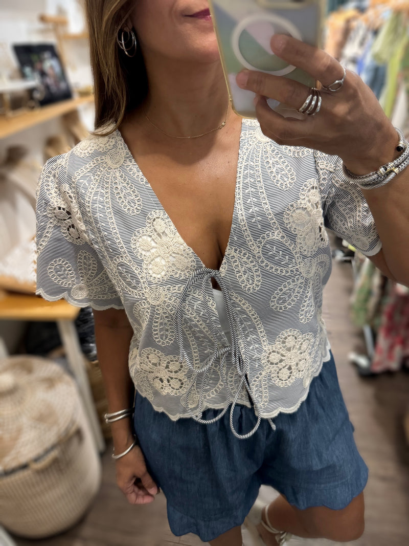 Blue Stripes & Crochet Contrast Top