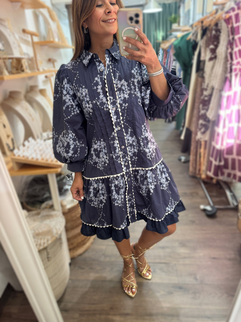 Navy Printed Button Down Dress