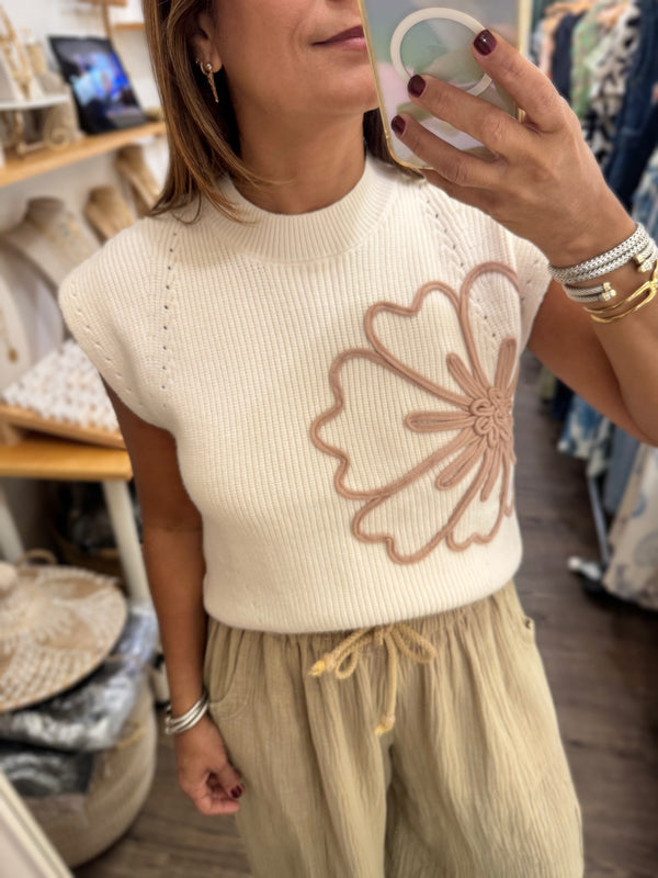 Ivory Knitted Flower Detail Top