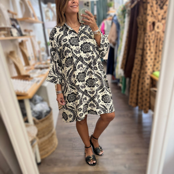 Black Print Dolman Sleeves Dress