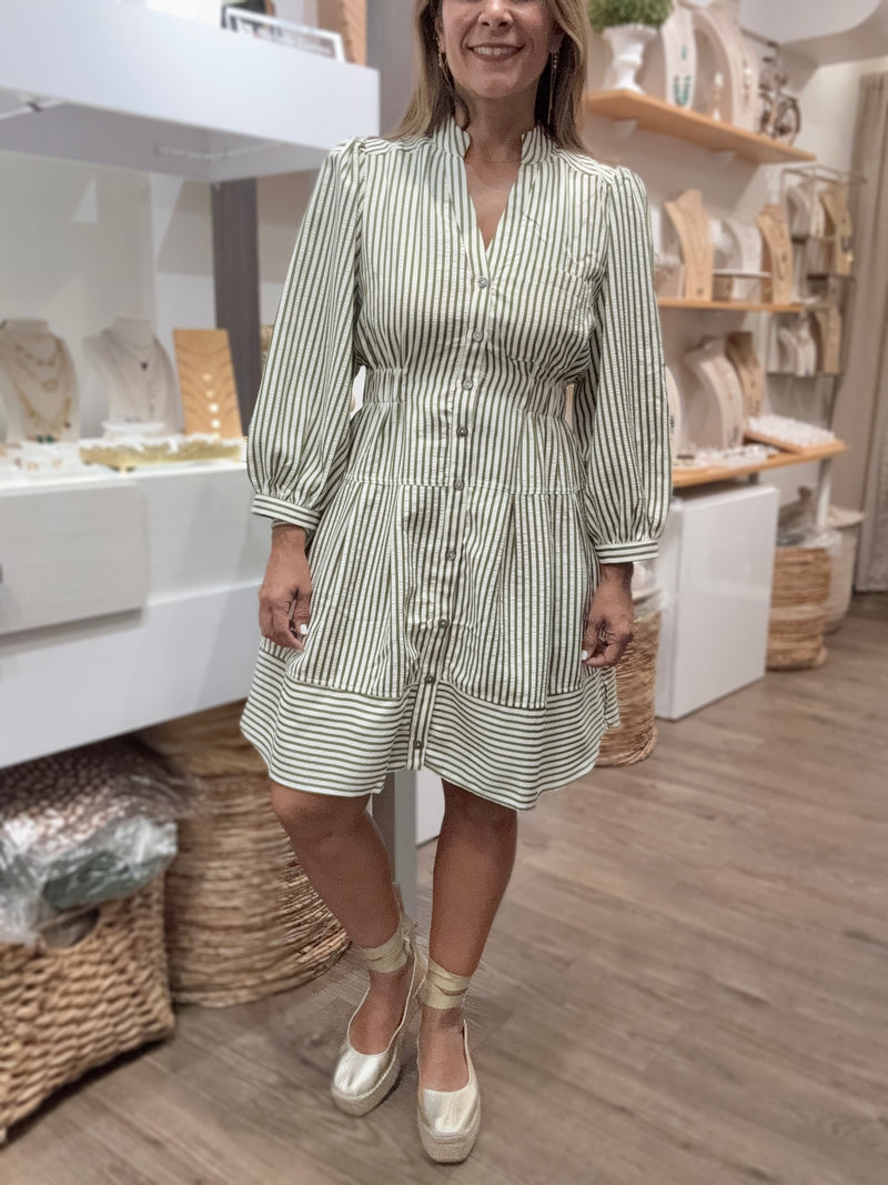 Green Stripes Cinched Waist Dress